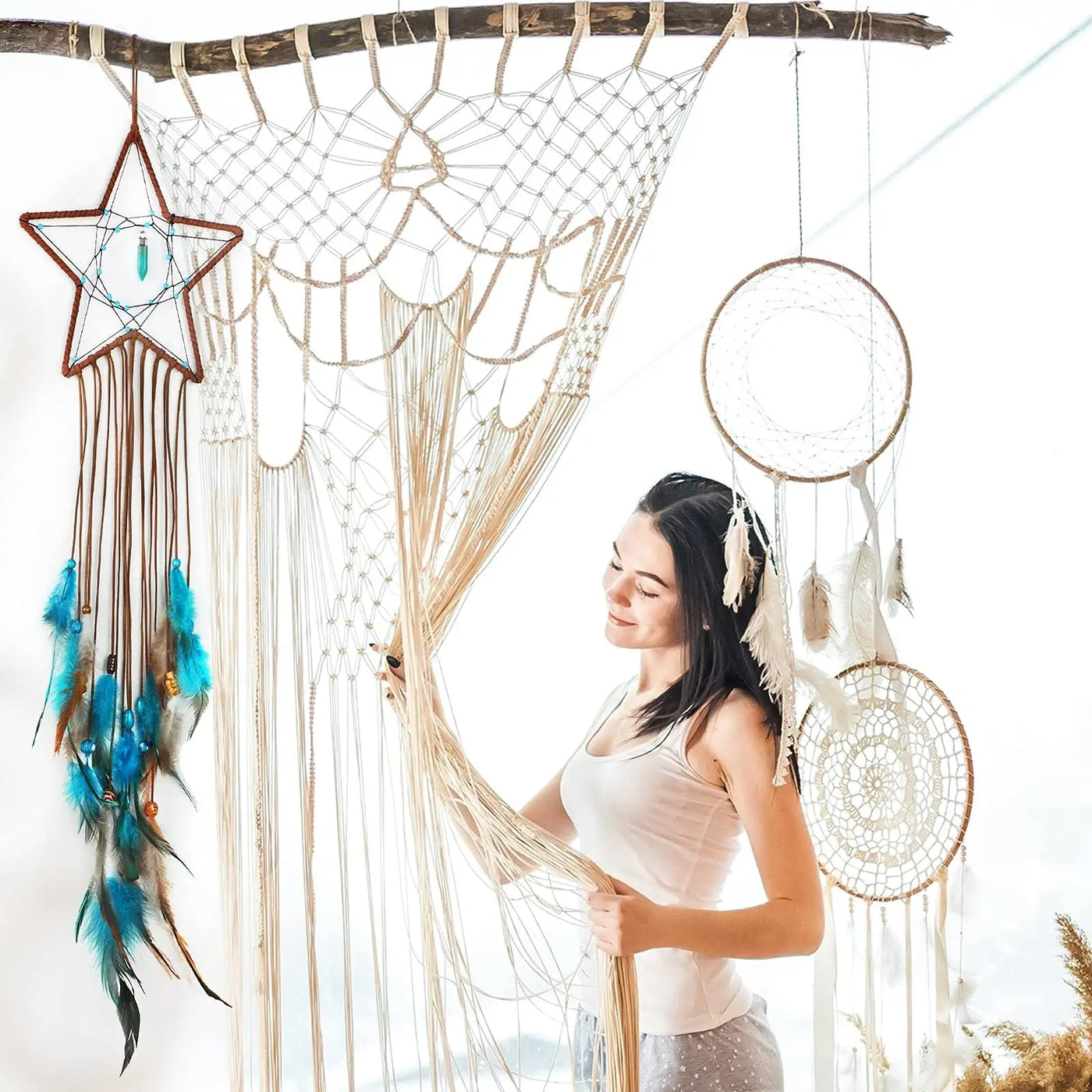 Tranquil Star and Moon Dream Catcher Duo