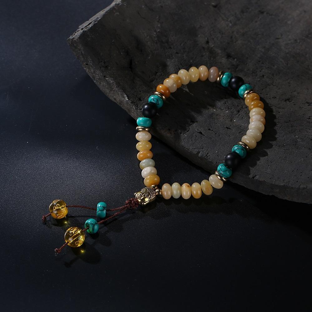 Flat Natural Lapis Lazuli Stone Mala Bracelet With 6 Syllable Mantra Tassel and Buddha Head Charm Bracelet