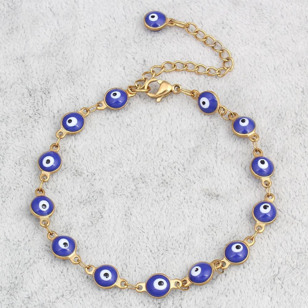 Gold bead enamel evil eye bracelet blue