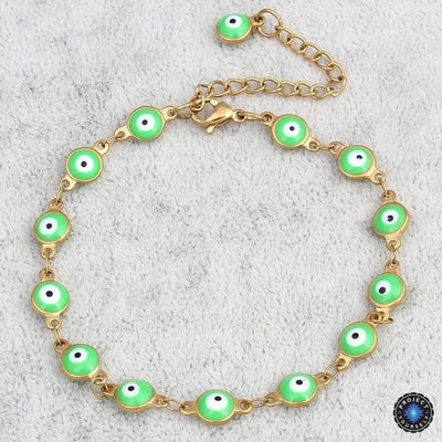 Gold Plated Stainless Steel Enamel Evil Eye Chain Bracelet Bright Green Bracelet