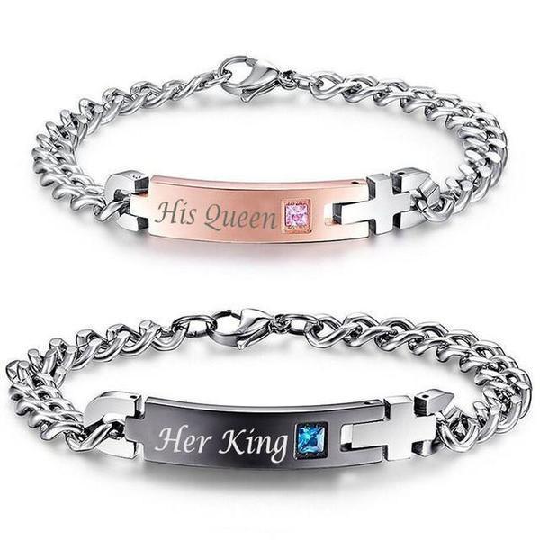 "His Queen", "Her King" Stainless Steel Couple Bracelets His & Hers 2pc Set Bracelet