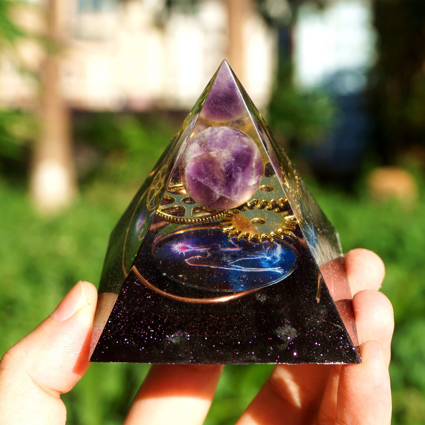 Handmade Amethyst Crystal Sphere Orgone Pyramid