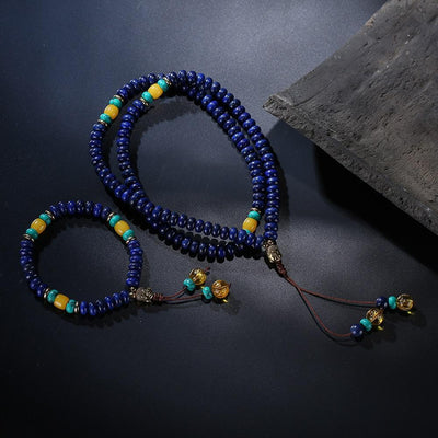 ROXY Flat Natural Lapis Lazuli Stone With 6 Syllable Mantra Tassel and Buddha Head Charm Mala Set Lapis Lazuli Jewelry Set