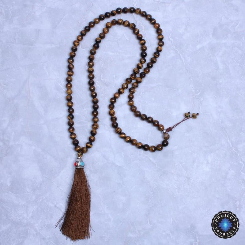 108 Natural Tiger Eye Stone Necklace Long Tassel Mala Mala