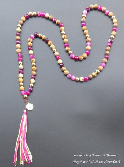 108 Pink Dyed Agate & Natural Jasper Stone Long Tassel Mala with Coin Charm Mala