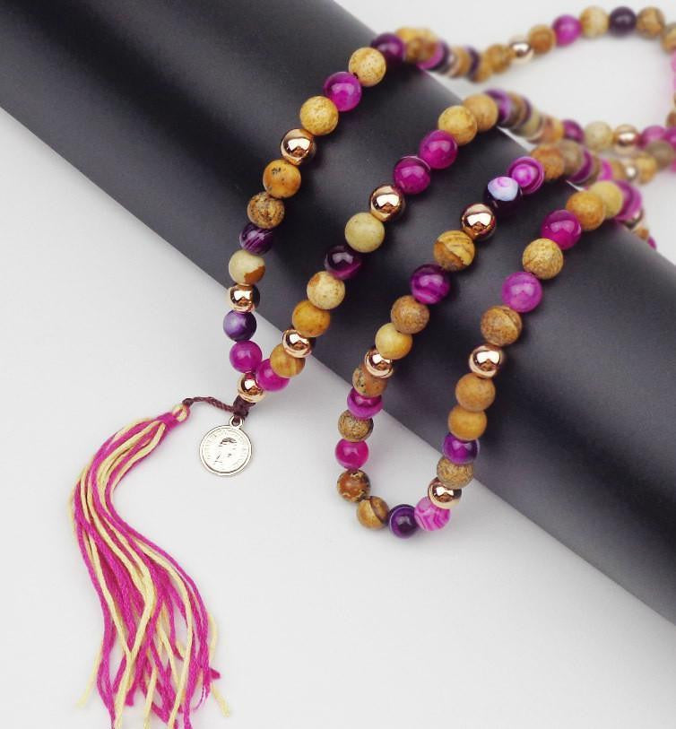 108 Pink Dyed Agate & Natural Jasper Stone Long Tassel Mala with Coin Charm Mala