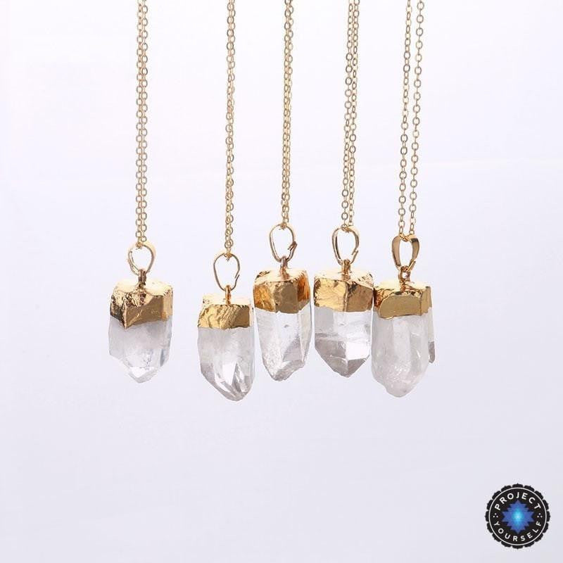 18K Gold Dipped Raw Clear Crystal Quartz Pendant Necklace Necklace