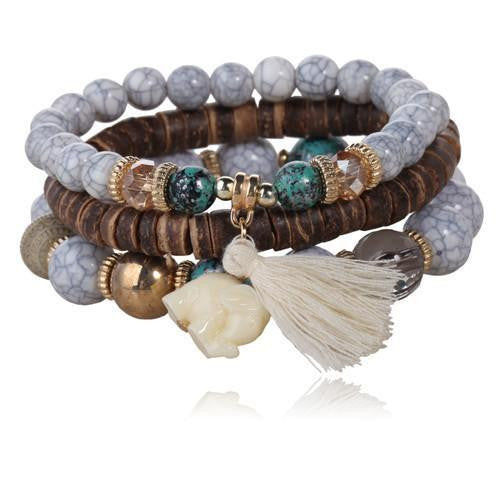 3-Piece Stone and Wood Beads Elephant Charm Boho Bracelet Set Style 1 Bracelet