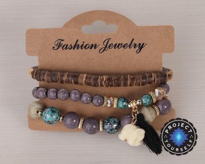 3-Piece Stone and Wood Beads Elephant Charm Boho Bracelet Set Style 2 Bracelet