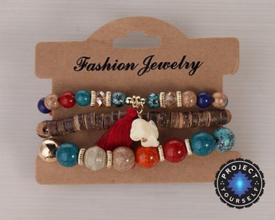 3-Piece Stone and Wood Beads Elephant Charm Boho Bracelet Set Style 4 Bracelet