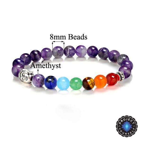 7 Chakra Stones with Silver Buddha Head Charm and Silver Spacer Bracelet Amethyst Bracelet