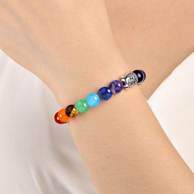 7 Chakra Stones with Silver Buddha Head Charm and Silver Spacer Bracelet Bracelet