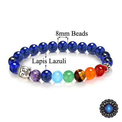 7 Chakra Stones with Silver Buddha Head Charm and Silver Spacer Bracelet Lapis Lazuli Bracelet