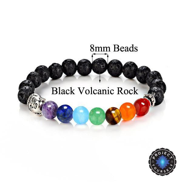 7 Chakra Stones with Silver Buddha Head Charm and Silver Spacer Bracelet Lava Rock Bracelet