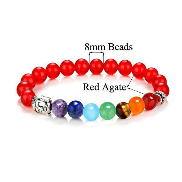 7 Chakra Stones with Silver Buddha Head Charm and Silver Spacer Bracelet Red Agate Bracelet