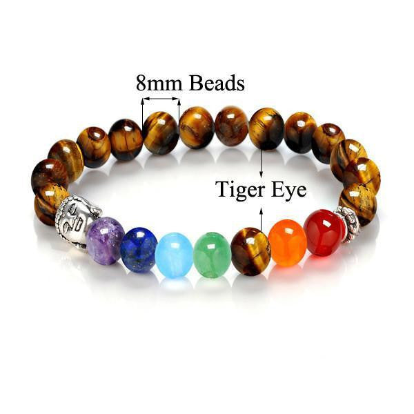 7 Chakra Stones with Silver Buddha Head Charm and Silver Spacer Bracelet Tiger Eye Bracelet