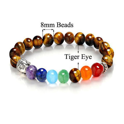 7 Chakra Stones with Silver Buddha Head Charm and Silver Spacer Bracelet Tiger Eye Bracelet