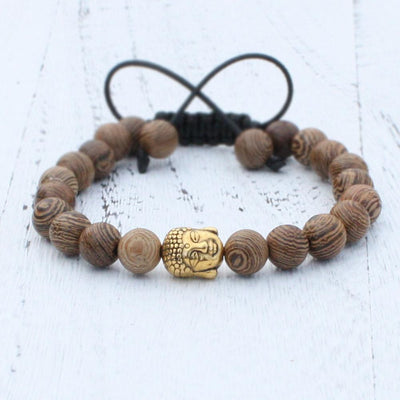 8mm Natural Wood Beads Adjustable Bracelet With Antique Buddha Head Charm Antique Gold Plated Bracelet