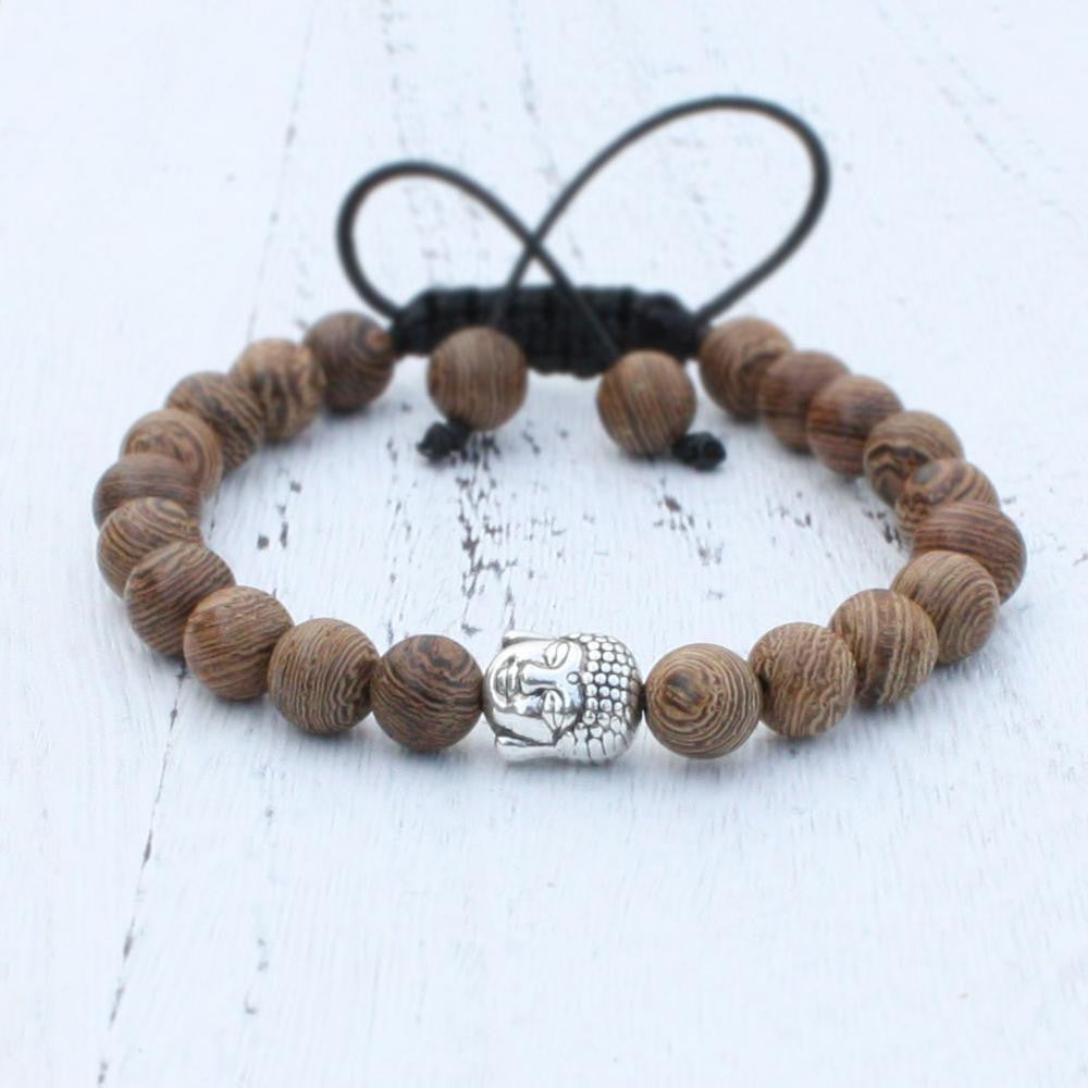 8mm Natural Wood Beads Adjustable Bracelet With Antique Buddha Head Charm Antique Silver Plated Bracelet