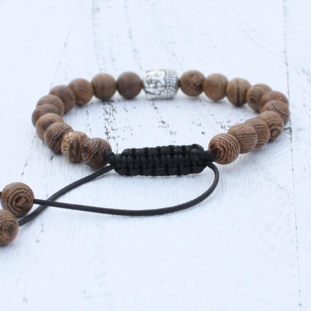 8mm Natural Wood Beads Adjustable Bracelet With Antique Buddha Head Charm Bracelet