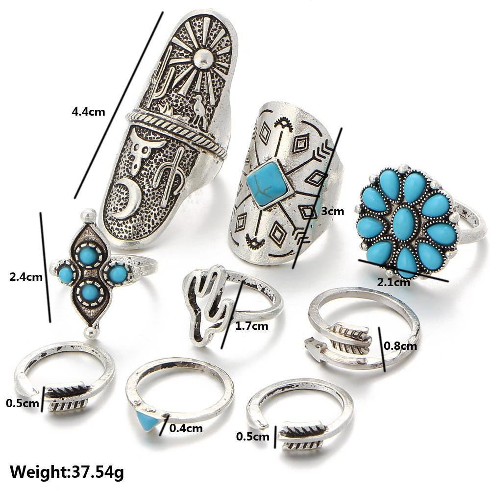 9-Piece Vintage Turquoise Ring Set Rings