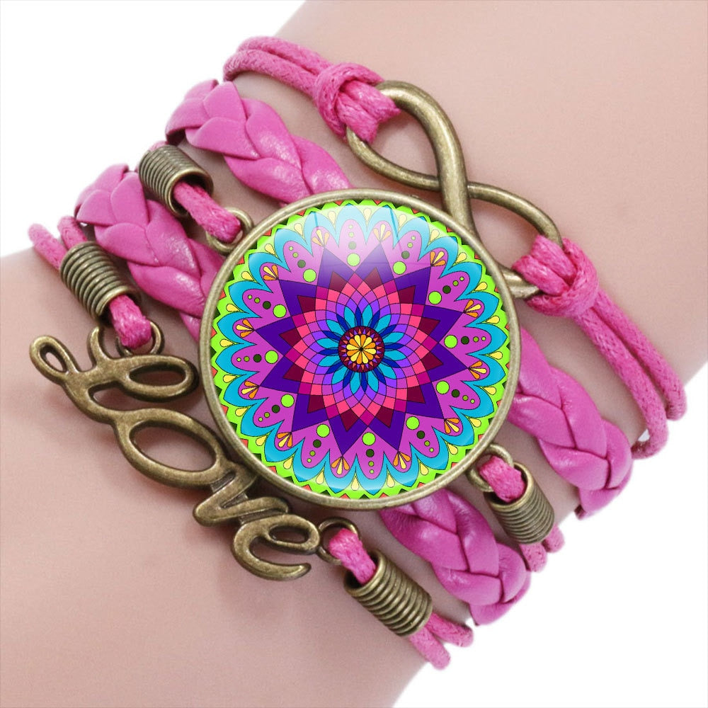 Mandala Glass Braided Leather Bracelet