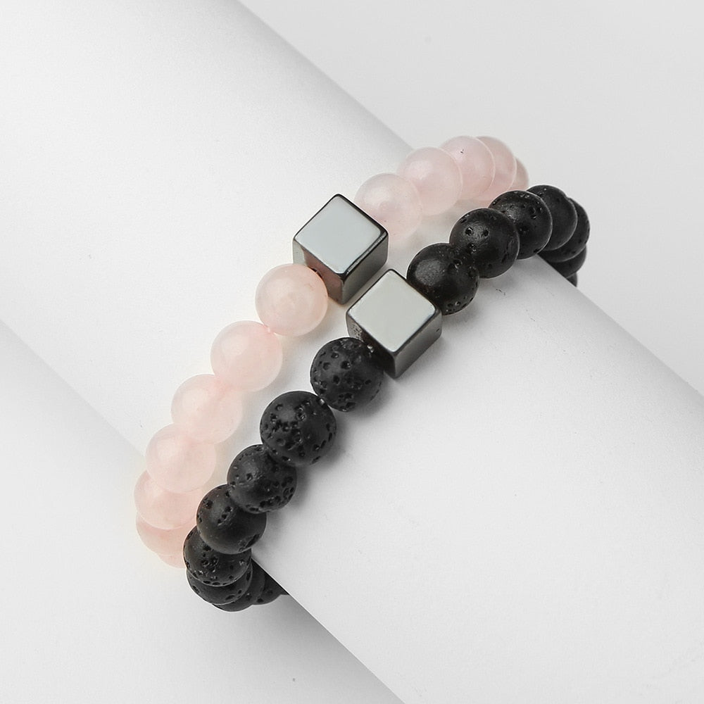 Rose Quartz And Lava Stone Bracelet Duo