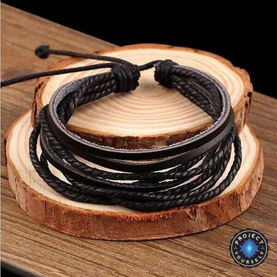 Adjustable Multilayer Leather Bracelet Cuff Black Bracelet