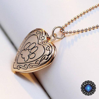 Adorable Engraved Paw Heart Locket Pendant Necklaces Gold color Necklace