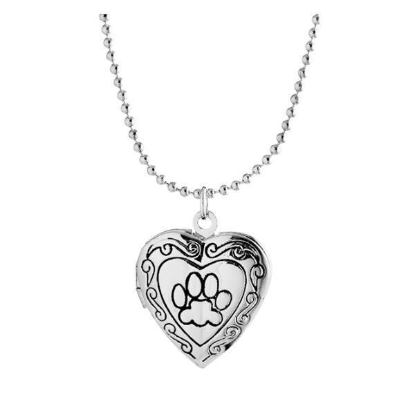 Adorable Engraved Paw Heart Locket Pendant Necklaces Silver color Necklace