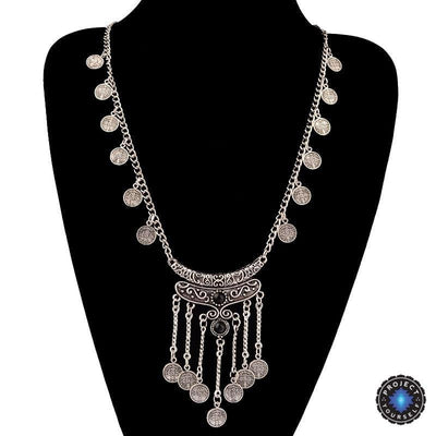 Antique Bohemian Silver Tassels Coin Necklace Black Necklace