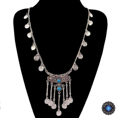 Antique Bohemian Silver Tassels Coin Necklace Blue Necklace
