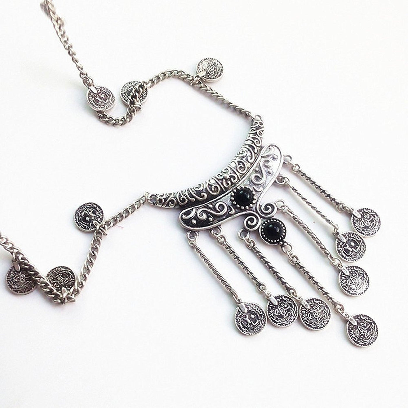 Antique Bohemian Silver Tassels Coin Necklace Necklace