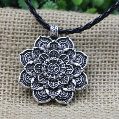 Antique Silver Om Lotus Blossom Mandala Necklace Leather Cord Necklace