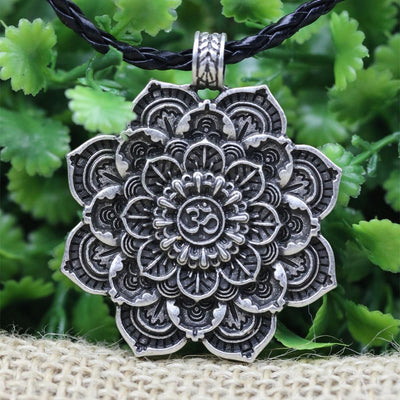 Antique Silver Om Lotus Blossom Mandala Necklace Necklace