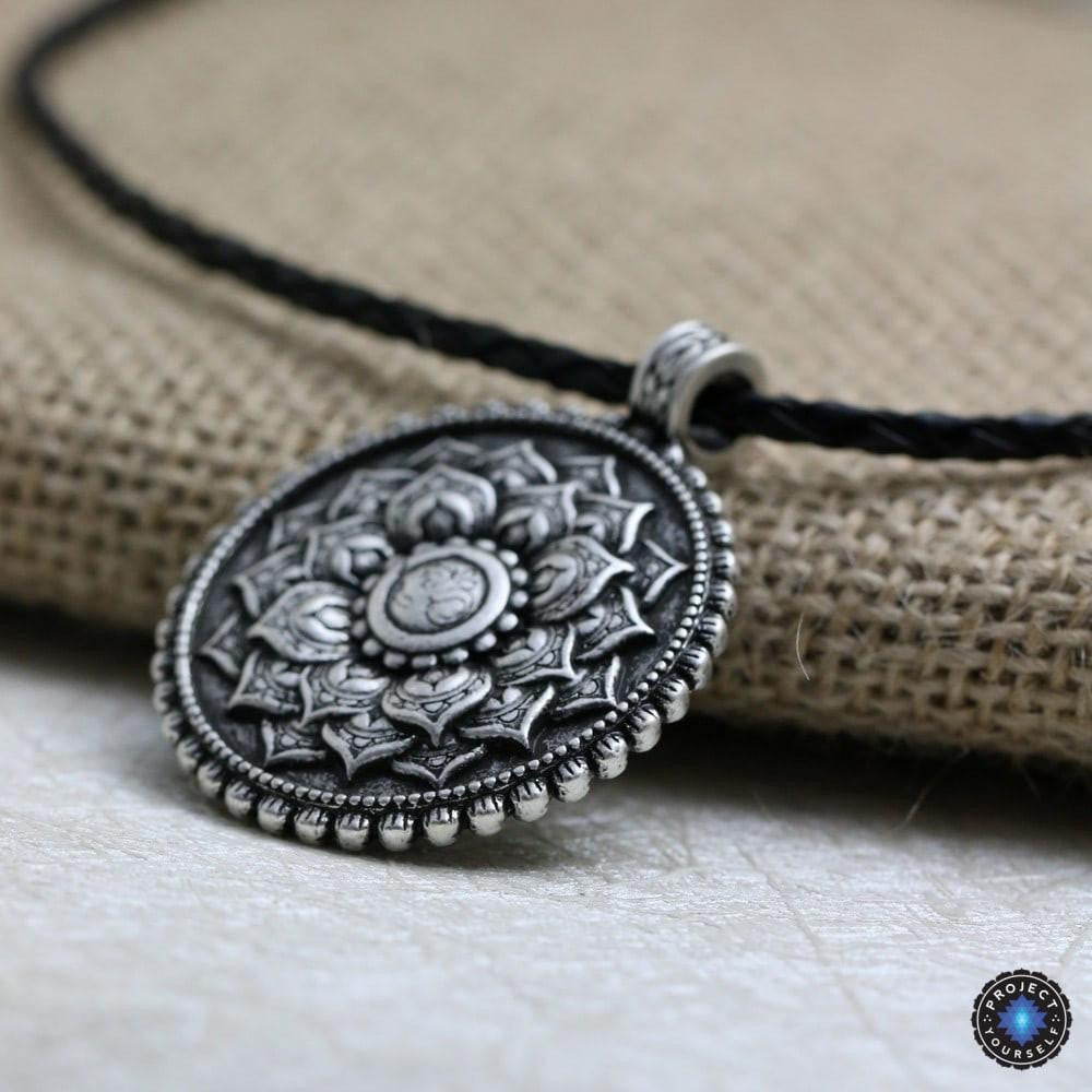Antique Silver Om Lotus Mandala Pendant Necklace Necklace