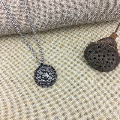 Antique Silver Om Lotus Mandala Pendant Necklace Necklace