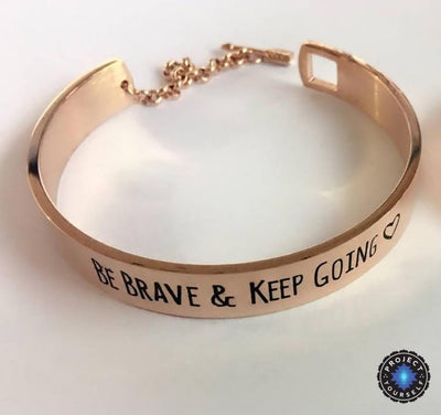 "Be Brave and Keep Going" Inspirational Cuff Bracelet With Safety Chain Rose Gold - Big Bracelet