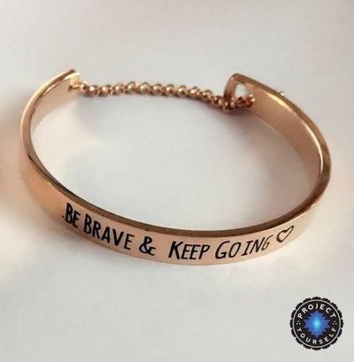 "Be Brave and Keep Going" Inspirational Cuff Bracelet With Safety Chain Rose Gold - Small Bracelet