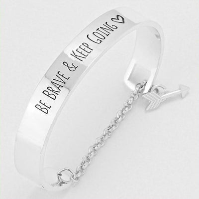 "Be Brave and Keep Going" Inspirational Cuff Bracelet With Safety Chain Silver - Big Bracelet
