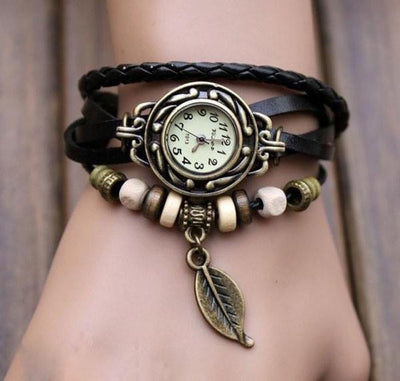 Beaded Woven Leather Layered Bracelet Watch Black Watch