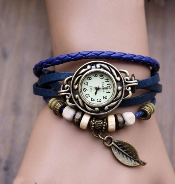 Beaded Woven Leather Layered Bracelet Watch Blue Watch