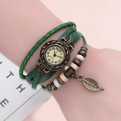 Beaded Woven Leather Layered Bracelet Watch Green Watch