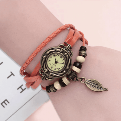 Beaded Woven Leather Layered Bracelet Watch Orange Watch