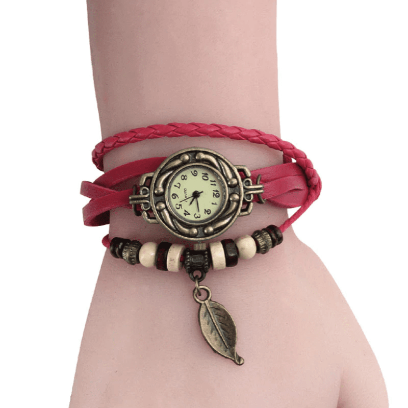 Beaded Woven Leather Layered Bracelet Watch Rose Watch