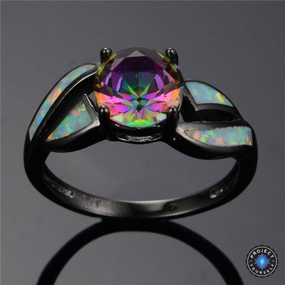 Black Gold Filled Mystic Cubic Zirconia Fire Opal Ring Rings