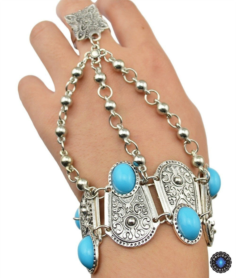 Bohemian Silver Coin Charm Flower Ring Hand Chain Bracelet