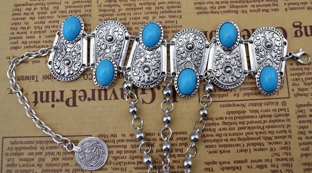 Bohemian Silver Coin Charm Flower Ring Hand Chain Bracelet