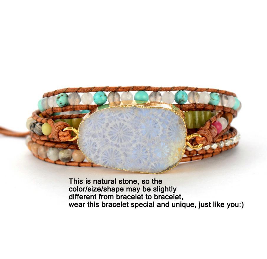 Chrysanthemum Fossil Coral Stone Multi Wrap Bracelet Bracelet