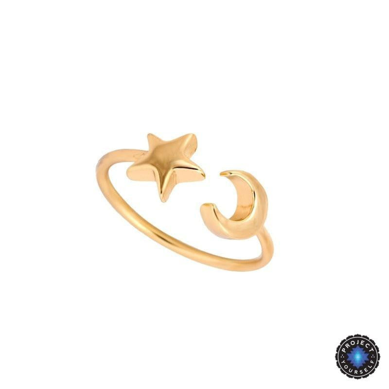 Crescent Moon and Star Adjustable Ring 18K Gold Plated Rings